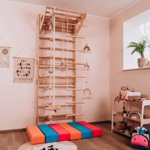 Swedish Ladder for Kids with Soft Play Blocks, Montessori Indoor Climbing Set, Wooden Wall-Mounted Gym for Toddlers and Kids, Climbing Toys
