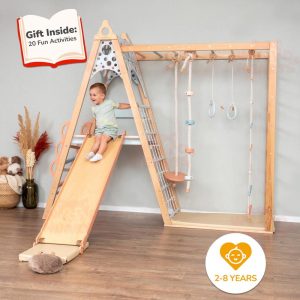 78x90" Up to 8 Years Circle Teepee Montessori Climber Toddler Tower with 2-Sided Wobble Board, Waldorf Rope Accessories & 2 Optional Playmat