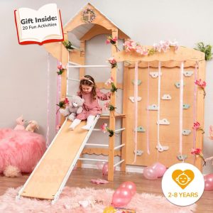 88x70" Wooden Indoor Playground for Girls, Montessori Play Gym with Slide & Play Mats, Kids Furniture Home Gym