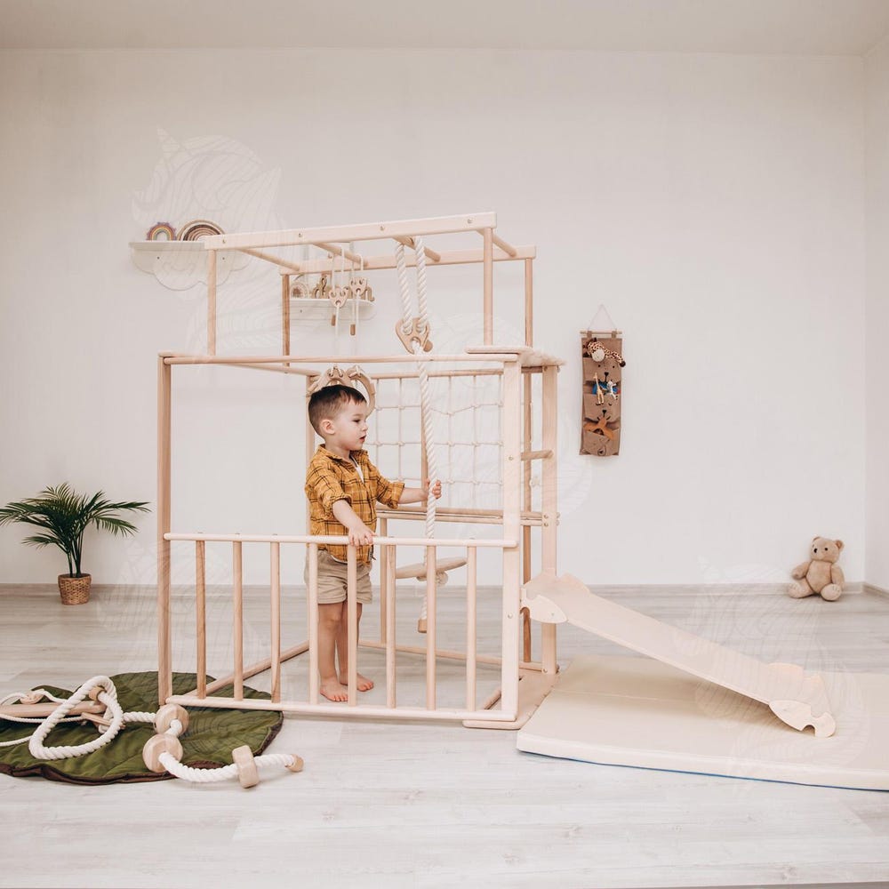 Scandinavian Wooden Climbing Tower, Montessori Indoor Play Gym for Toddlers, Non-Toxic Climbing Set with Ramp, Ladder, Swings, and Play Mat - Image 5