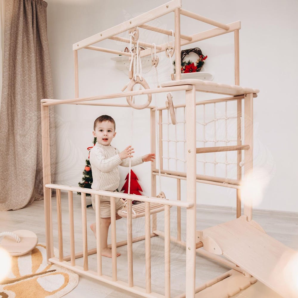 Scandinavian Wooden Climbing Tower, Montessori Indoor Play Gym for Toddlers, Non-Toxic Climbing Set with Ramp, Ladder, Swings, and Play Mat - Image 9