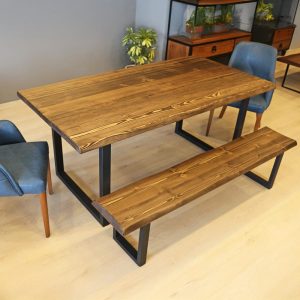 Farmhouse Dining Table and Bench / Solid Wood Kitchen Table with Metal Legs / Rustic Dining Room Table