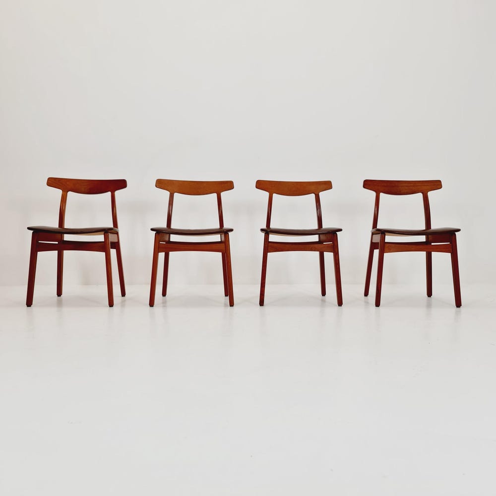 Mid Century Dansih Teak and Leather chair by Henning kaernulf, 1960s Set of 4