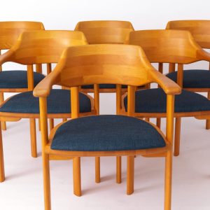 Set of 6 Unique Danish Ansager Møbler Armchairs – Mid-Century Beech Wood Frame, Reupholstered in Blue Fabric