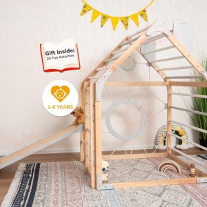 56x43" Up to 6 Years Indoor Playground Baby Gym Playhouse & Optional Wobble Board Wood Countertop, Montessori Nursery Mobile Home Gym