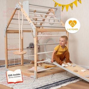 56x43" Up to 6 Years Baby Mobile Unique Montessori Play Gym Bundle: Toddler Gym Playhouse, Rock Climbing Wooden Slide & Baby Swing, Playmat