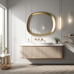 Real Walnut Wooden and Gold Frame Mirror,  Asymmetrical Mirror, Irregular Mirror,  Bathroom Mirror, Vanity Mirror,Home Decor Mirror