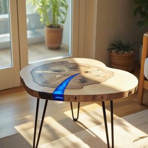 Spalted Maple Wood Cookie End Table with Blue Epoxy Resin