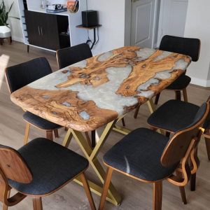 Pearl white epoxy olive wood dining table, Olive slabs dining room furniture,handmade custom kitchen table