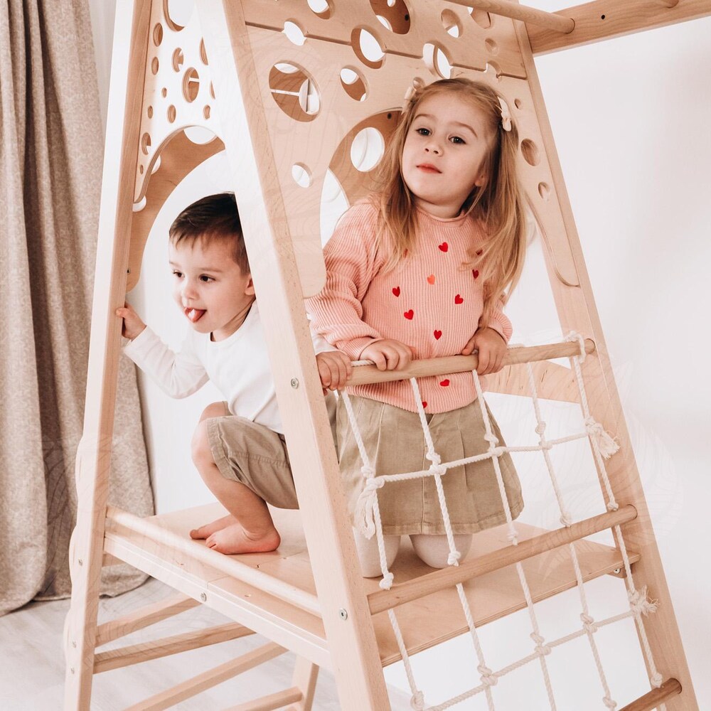 Wood Indoor Climbing Playground for Kids, Montessori Jungle Gym with Slide, Rope Swing, Rings, and Playmat, Active Play for Kids Indoors - Image 5