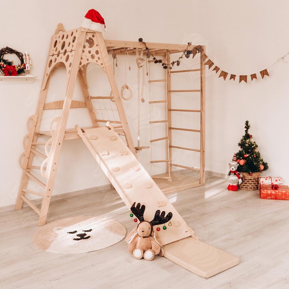 Wood Indoor Climbing Playground for Kids, Montessori Jungle Gym with Slide, Rope Swing, Rings, and Playmat, Active Play for Kids Indoors - Image 3