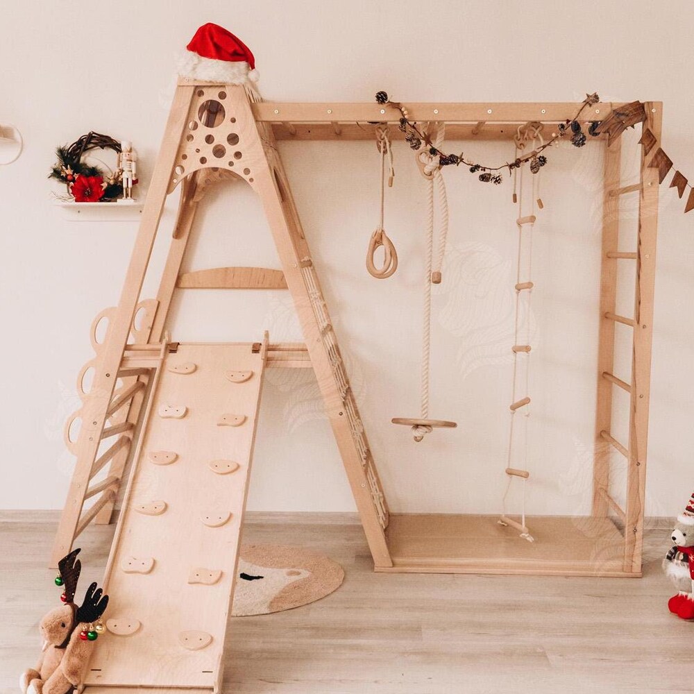 Wood Indoor Climbing Playground for Kids, Montessori Jungle Gym with Slide, Rope Swing, Rings, and Playmat, Active Play for Kids Indoors