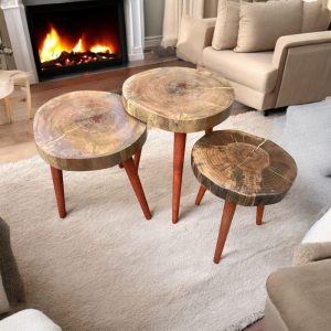 Primitive Coffee Table, Natural Wood Coffee Table, Walnut Coffee Table Set Of 3, Round Wood Coffee Table, Handmade Furniture Coffee Table