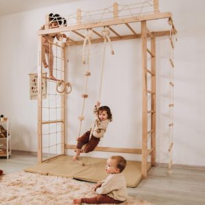 Indoor Jungle Gym for Kids, Swedish Ladder, Rope Swing, Wooden Play Equipment with Mats, Montessori Climbing Set