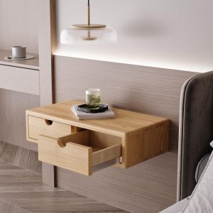 Wall-Mounted Solid Ash Wood Nightstand - Minimalist Floating Bedside Table with Drawers, Compact Storage Shelf for Bedroom or Living Room