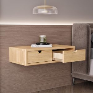 Minimalist floating nightstand, wall-mounted solid ash wood, bedside table with drawers, compact storage shelf for bedroom or living room