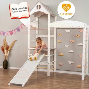 88x70" Huge Baby Play Gym Montessori Climber Tower with Rock Climbing Wall & Waldorf Wooden Slide Wobble Board, Lernturm Indoor Playground