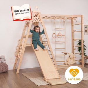 78x90" Montessori-inspired Wooden Teepee Indoor Playground for Kids, Toddler Tower with Slide, Rope Accessories & Play Mats, Kid's Home Gym