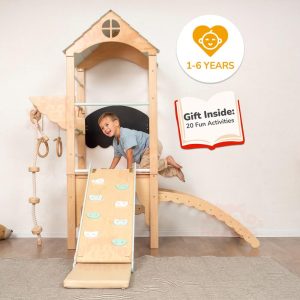75x71" Mini Montessori Climber Lernturm, Climbing Arch, Gymnastics Bar, Rock Climbing Wobble Board, Chalkboard & Optional Rope Accessories