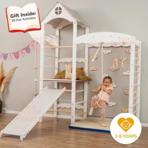 88x70" Nursery Mobile Indoor Playground Montessori Tower with Soft Playmat, Big Baby Slide, Swing, Gymnastics Rings & Waldorf Rope Lernturm