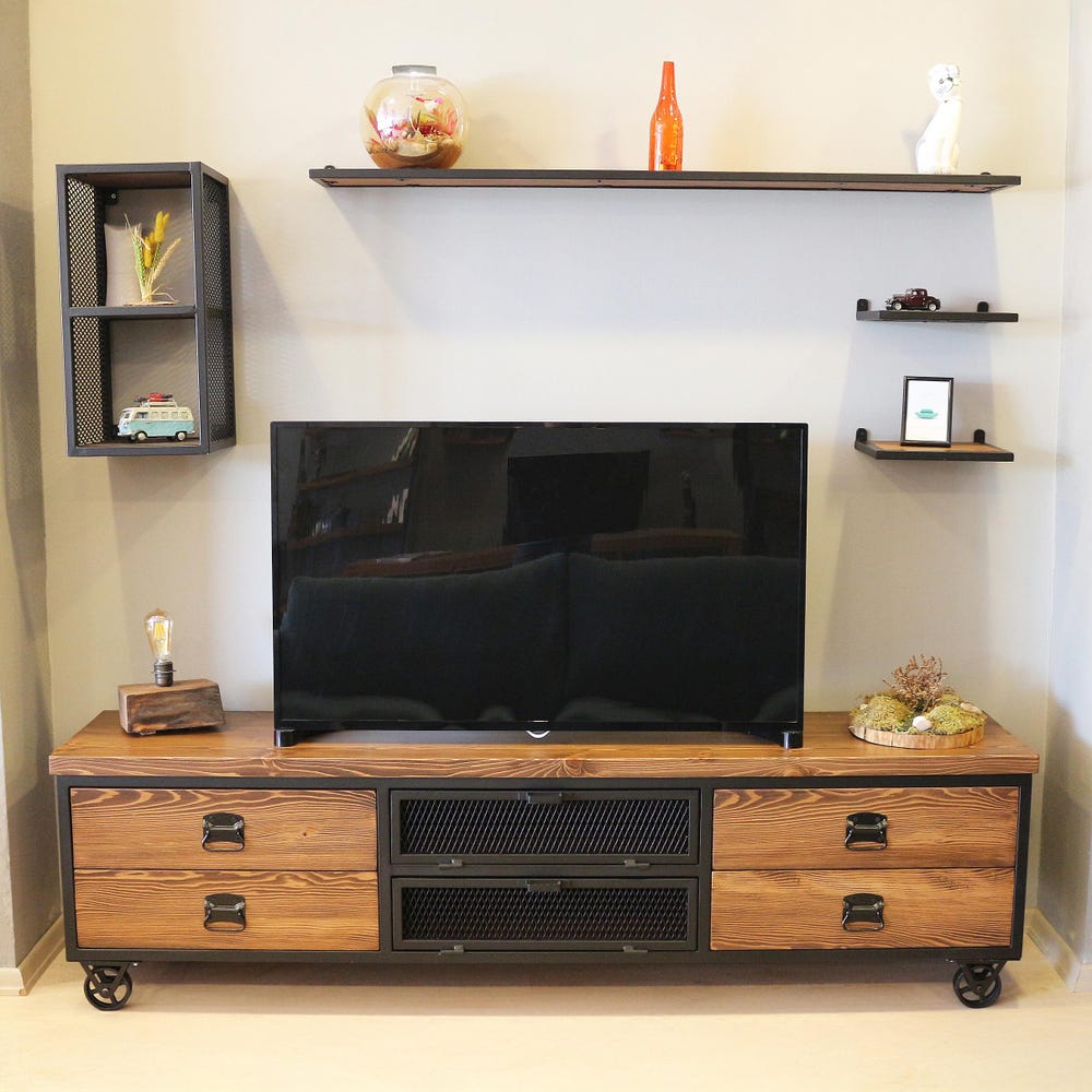 Modern Industrial Wood and Steel Tv Unit - Urban / Natural Wooden and Metal Media Console / Loft Style Tv Stand / Entartainment Center