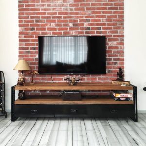 Solid Wood and Metal Tv Stand - Rokko Loft / Industrial Style Tv Unit / Natural Wooden Media Console / Loft Style Media Center