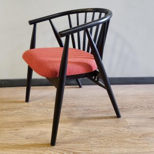 Handcrafted Beech Wood Armchair with Red Upholstery, Modern Spindle Back Chair for Living Room or Office