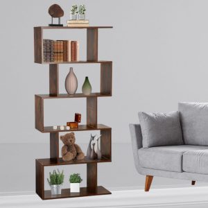 Wood Bookcase, 5-Tier S-Shaped Shelf | Rustic Brown | 62.6" Tall for Bedroom Living Room Home Office