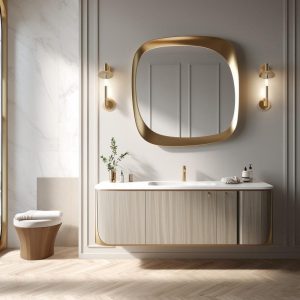 Real Walnut Wooden and Gold Frame Mirror,  Asymmetrical Mirror, Irregular Mirror,  Bathroom Mirror, Vanity Mirror,Home Decor Mirror