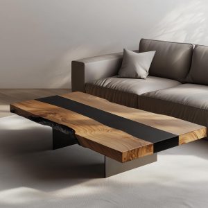 Live Edge Coffee Table, Modern Walnut Coffee Table With Metal Inlay, Modern Coffee Table