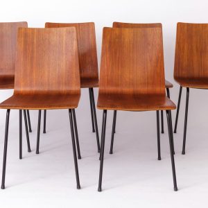 Set of 6 Vintage Plywood Chairs from the 1960s – Refurbished Teak Shell & Polished Metal Legs