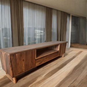 Walnut Wood TV Unit Rustic Solid Wood Media Console & Storage Cabinet Natural Wooden TV Stand for Living Room