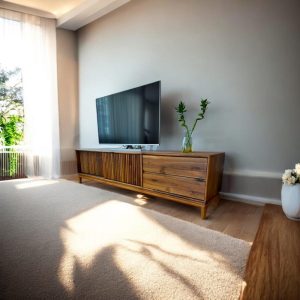 Walnut Wood TV Unit with Accents, Rustic Solid Wood Media Console & Storage Cabinet, Wooden TV Stand for Living Room