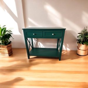 Rustic Wood Console Table with Modern Walnut & Metal Accents – Waterfall Entryway Wooden Console for Home Decor