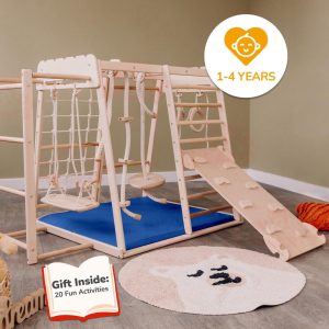 55х42″ Up to 4 Years Wooden Gym, Scandinavian Play Complex: Rocking Ramp, Climbing Rope, Monkey Bars, Gymnastic rings, Kids Swing, Play Mat