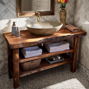 Wooden Rustic Style handmade bathroom vanity live edge solid wood cabinet sink table counter top farmhouse home decor furniture  handcrafted