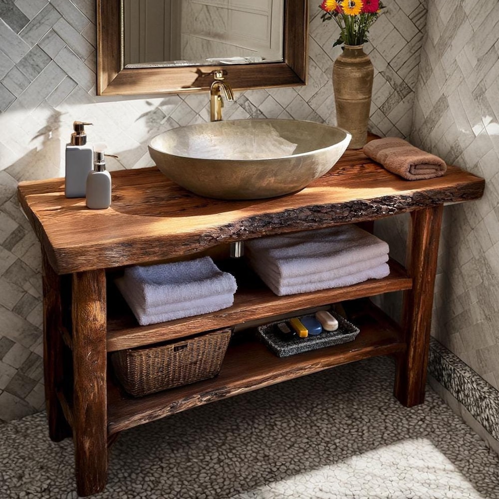 Wooden Rustic Style handmade bathroom vanity live edge solid wood cabinet sink table counter top farmhouse home decor furniture handcrafted