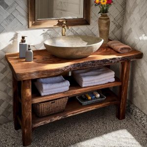 Wooden Rustic Style handmade bathroom vanity live edge solid wood cabinet sink table counter top farmhouse home decor furniture  handcrafted