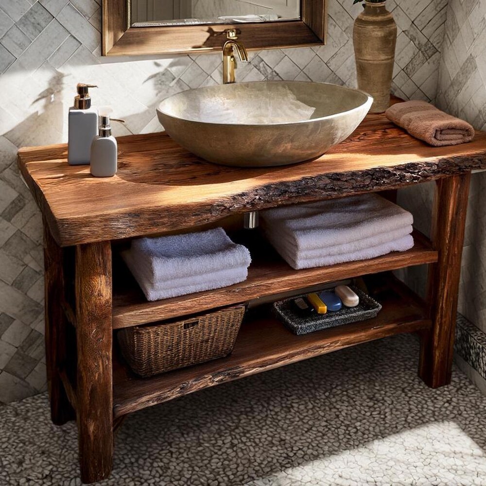 Wooden Rustic Style handmade bathroom vanity live edge solid wood cabinet sink table counter top farmhouse home decor furniture handcrafted - Image 4