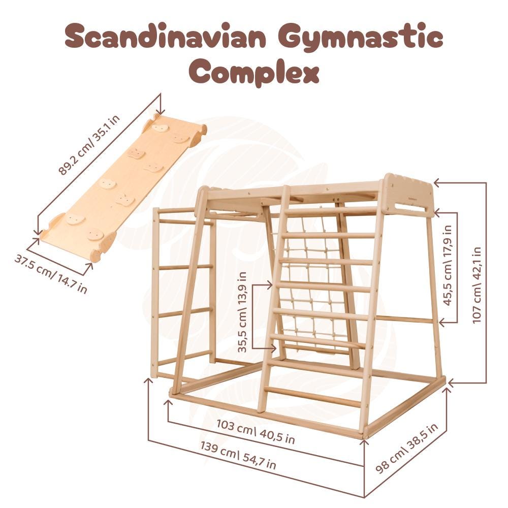 Scandinavian Wooden Climbing Tower, Montessori Indoor Play Gym for Toddlers, Non-Toxic Climbing Set with Ramp, Ladder, Swings, and Play Mat - Image 2