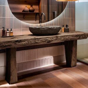 Custom Handmade Rustic Wooden Bathroom Vanity | Farmhouse Style Sink Shelf | Live Edge Handcrafted Unique Wood Table | Mid Century Cabinet