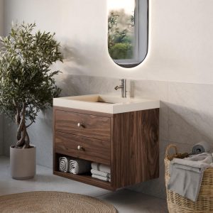 Vanity Cabinet with Two Drawers/ Open Shelf in Walnut, Bathroom