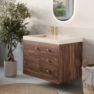 Vanity Cabinet For Left/Right Sink, 1 Door, 3 Drawers in Walnut