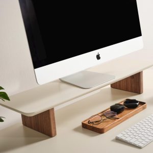 Minimalist Wooden Monitor Stand, 38 Inch Desk Riser in Anthracite or Cream, Custom Size Computer Screen Shelf, Modern Ergonomic Wood Stand