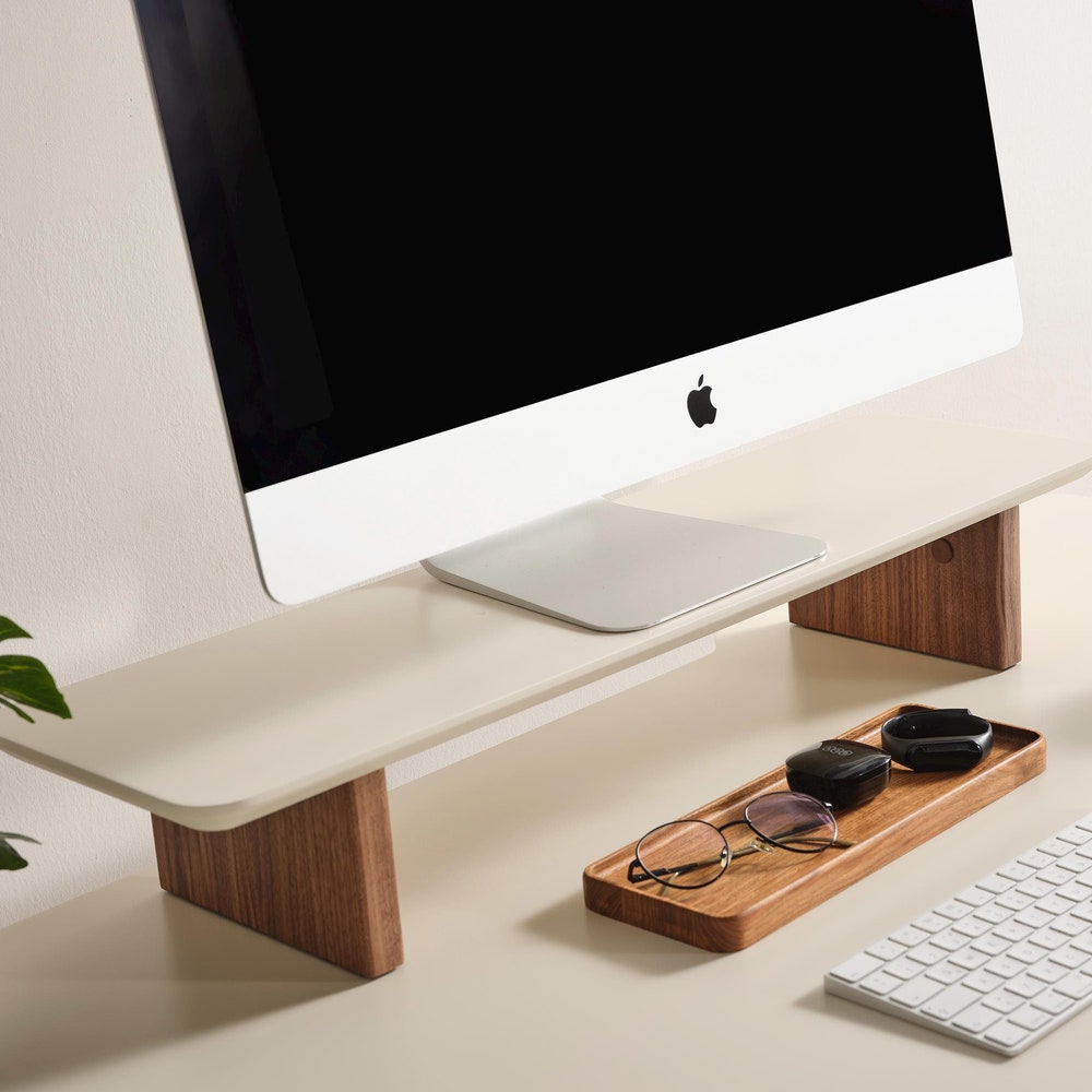 Minimalist Wooden Monitor Stand, 38 Inch Desk Riser in Anthracite or Cream, Custom Size Computer Screen Shelf, Modern Ergonomic Wood Stand