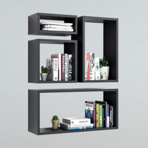 Wall Mount Shelf Set of 4 | Floating Cube Shelves for Home & Commercial Use | Large Black Shelving Unit
