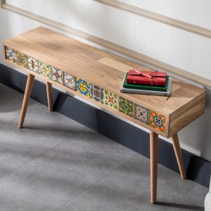 Oak Coffee Table with Mexican Tiles, Wooden End Table, White Oak Side Table with Talavera Tiles, Hallway Console, Custom Entryway Stand