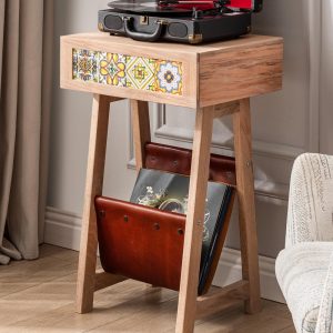 Record Player Stand made of Oak with Tiled Drawer, Leather Storage, Vinyl LP Cabinet, Record Player Console, Wooden Turntable Stand