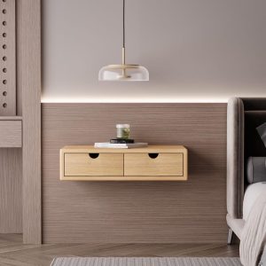 Wall-mounted floating nightstand, solid ash wood bedside table with drawer, minimalist design, compact storage shelf for bedroom living room