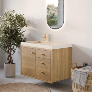 Vanity Cabinet For Left/Right Sink, 1 Door, 3 Drawers in White Oak